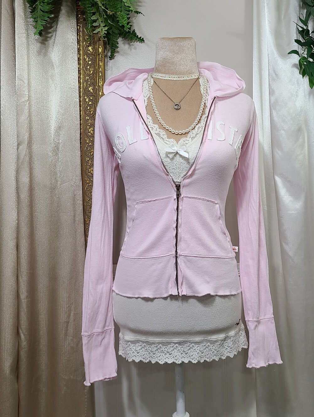 ♡ Y2K ♡ Hollister Baby Pink & White Letters Hooded Babydoll Cotton Jacket Rare